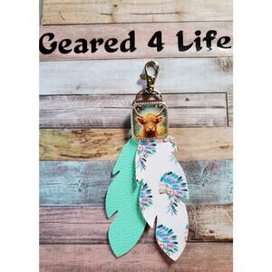 Handcrafted Cow Purse Charm, Leather Feather & cow concho keychain, saddle charm
